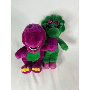 Vintage 1992 Barney the Purple Dinosaur & Baby Bop Plush Stuffed Animals 11"